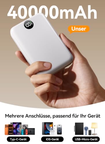 Power Bank 40000mAh, Kompakte PowerBank Schnellladen mit Display, Weiß – Ansicht 3