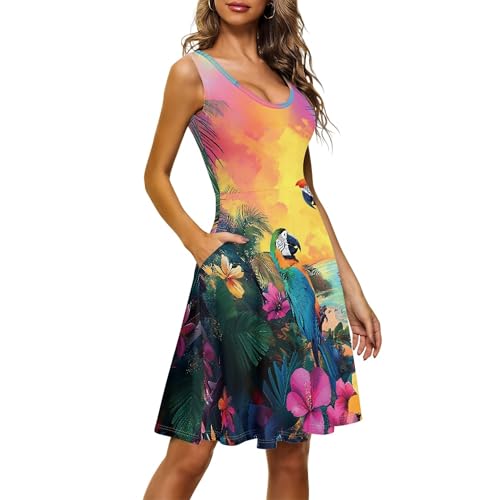 Image of TOADDITDO Women's Sleeveless O Neck Beach A-Line Party Coctail Tank Dresses Flared Sundress