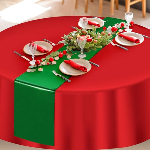 Image of 12Pack 12x108Inch Satin Table Runner and 84Inch Round Plastic Tablecloths Set Christmas Red and Green Disposable Table Cloth Cover for New Year Christmas Wedding Holiday Anniversary Party Decorations