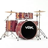 Bateria Acústica Voik BAM22-RC Cor Red Copper Brilhante Bumbo 22' Caixa Com Botão de Ajuste Fino Na Vibração 8 Peças Maquina de Chimbal Completa Com Pratos + Banco e Baqueta P/Iniciantes FOCUS Séries