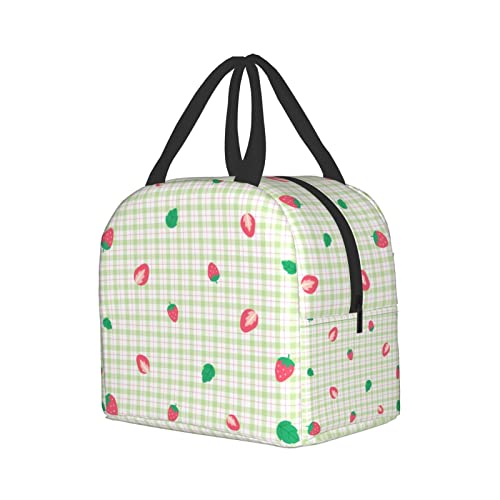 Pubnico 75BOX-PLAID-467459137 Cute Strawberry Green Plaid Lunch Box Bento Box Insulated Lunch Boxes Reusable Waterproof Lunch Bag thumb #1