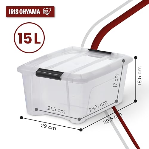 Iris Ohyama, Aufbewahrungsboxen mit Deckel, Kunststoffboxen, Plastikbox, Box mit Deckel, 15L, 4er-Set, Transparent, Verschlussclips, Stapelbar, Organisation, BPA-frei, Plastikboxen, Kisten, NTB-15