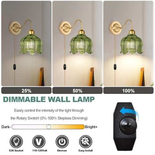 Image of Vintage Plug in Wall Sconces Set of Two,Dimmable Wall Sconces Lights with Plug in Cord & Glass Lampshade,Gold Flower Hanging Wall Sconces Wall Decor Set of 2 Plug in Wall Lamp Sconces for Bedroom
