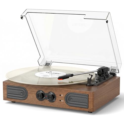 Image of Vinyl Record Player with Built-in Stereo Speakers, 3-Speed Belt-Drive Turntable, Treble & Bass Control, RCA-Out /AUX-in, 3.5mm Headphone Jack-Vintage LP Player for Home & Gifts, Walnut