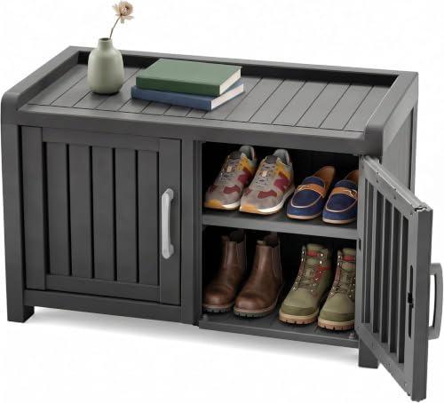 ROJIK Shoe Cabinet Waterproof UV-Resistant Storage Bench Indoor Outdoor with Adjustable Shelves for Entryway Bedroom Hallway Living Room(Double Door Black)