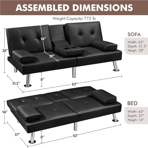 Yaheetech YT-00093756 Convertible Sofa Bed Adjustable Couch Sleeper Modern Faux Leather Recliner Reversible Loveseat Folding Daybed Guest Bed thumb #2