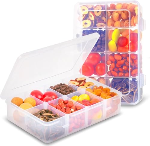 2 Pcs Snack Boxes with 8 Compartments Reusable Meal Prep Containers Transparent Snack Organizers Food-Grade Plastic Travel Lunch Box Easy to Clean Dishwasher Safe Ideal for Snacks and Small Foods