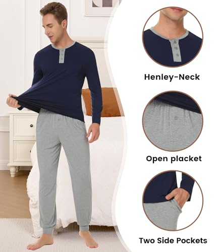 Image of NACHILA Mens Pajamas Set Long Sleeve Henley Sleepwear Top Soft Jogger Pants Pajamas Cool Pjs Set,Viscose Made from Bamboo