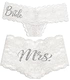 RhinestoneSash Bride Lingerie Gift Set White - SET OF 2: Silver Diamond Bride White Lace Thong & Silver Mrs White Lace Boyshort Panty - Lingerie for Wedding Night - Small - WhtTh(DmBd) WhtBS(SVMrs) Sm