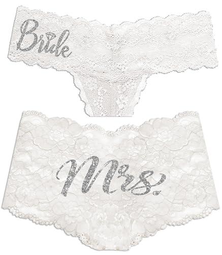 RhinestoneSash Bride Lingerie Gift Set White - SET OF 2: Silver Diamond Bride White Lace Thong & Silver Mrs White Lace Boyshort Panty - Lingerie for Wedding Night - Small - WhtTh(DmBd) WhtBS(SVMrs) Sm