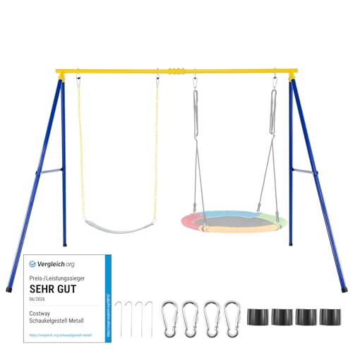 COSTWAY Supporto per Altalena Bambini, Base da Altalena per Bambini in Metallo, Strattura per Altalena da Giardino, Portata 300 kg (Giallo+Blu, Supporto)