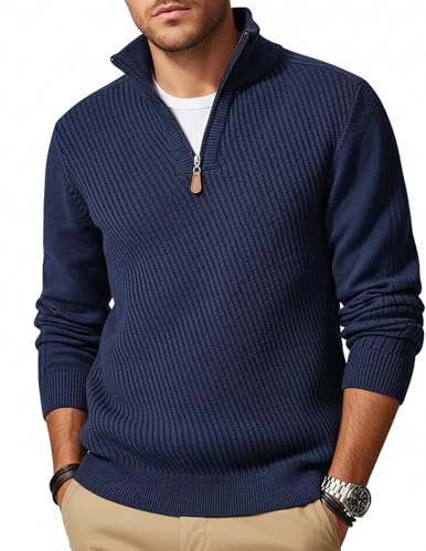 Men Quarter Zip Pullover Sweaters Solid Long Sleeve Slim Fit Knit Texture Casual Diagonal Half Zip Sweater