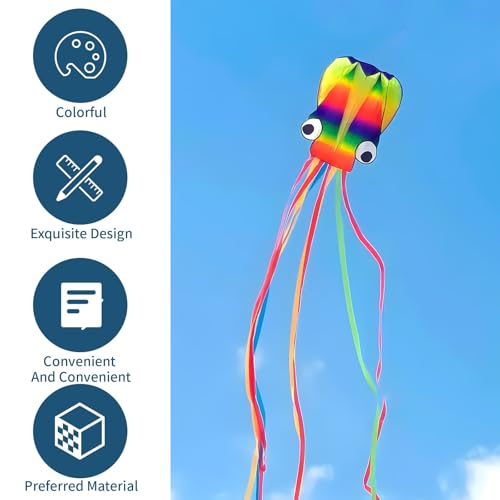 Rainbow Soft Octopus Kites, Long Colorful Tail Easy to Fly Come with Handle and 100 meters Flying String, Great Gift to Boys Girls for Kids Adults Outdoor Activities Beach Park Trip - Image 3