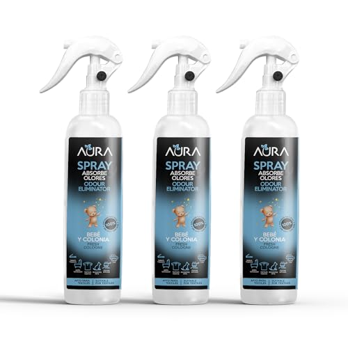 AURA| Pack 3 Aerosol Ambientador Spray Pulverizador Absorbe Malos Olores | Para Casa, Cocina, Baño, Coche | | Apto para Textiles |3x250ml | No Contiene Gas (PACK 3, Bebé y Colonia)