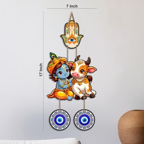 Image of Artvibes Gopal Krishna with Cow Evil Eye Wall Decor for Home Office | Nazar Suraksha Hanging for Entrance Living Room | Bedroom | Temple | Spiritual Good Luck Gift Item (WH 8575N)
