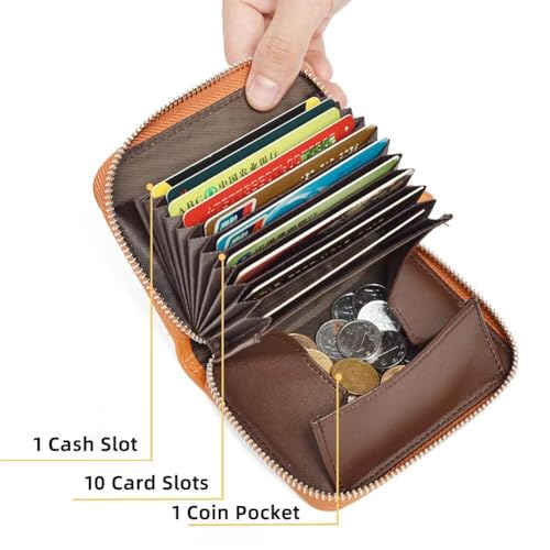 Small Leather Wallet Minimalist RFID Blocking Credit Card Holder Zipper Around Wallet with Card Slots and Coin Pocket Dark Green One Size(Orange)2