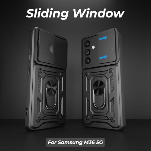 Image of A rtistque Armor Bumper Back Case Cover for Samsung Galaxy M36 5G / F36 5G | Stylish Ring Holder & Inbuilt Stand | Sliding Camera Cover | Shockproof TPU | Samsung M36 & F36 Back Cover - Black