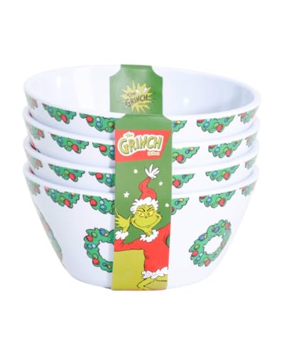 Zrike Brands Grinch Christmas Winter Melamine Dinnerware (Wreaths, Cereal Bowls, 4 Pack)