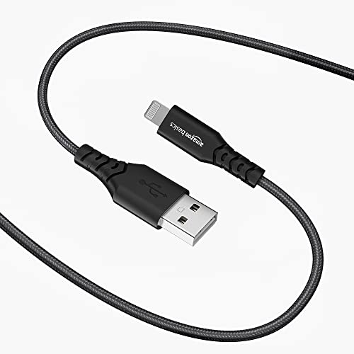 Image of amazon basics PVC Molded Nylon USB A To Lightning Mfi Certified Charging Cable | Compatible with iPhone 13,12,11; 13,12,11 Pro; 13,12 11 Pro Max; 13,12 Mini (Black,1.2M)