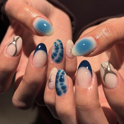 Image of Blue Press on Nails French Tip Fake Nails Short Almond False Nail with Alligator Print Design Blue Ombre Glue on NailsAcrylic Nail Full Cover Silver Star Stick on Nail for Women Manicure 24Pcs