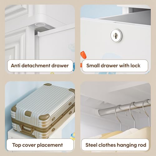 Image of Little Olive Penguin Kids Wardrobe | Multi Drawer Plastic Storage Cabinet | Collapsible Cartoon Print Organizer for Children Room (65 X 38 X 130 Cm) Light Blue