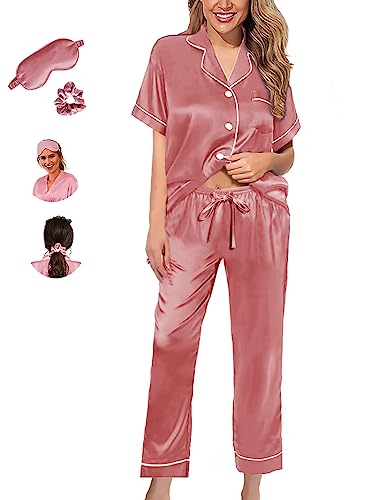 WJing Yi Jia Womens Pajamas Set XS-4XL Silk Satin Pajama Sets Short Pj Sets Button Down Pjs Set Loungewear Sleepwear Dusty Rose