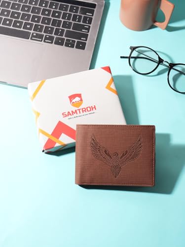 Image of SAMTROH Vegan Leather Wallet for Men | Vintage Printed | Premium Vegan Leather Craftsmanship | 3 Card Slots I 2 Cash Compartments & Secret Slots | 1 Coin Pocket. (Eagle, Brown)