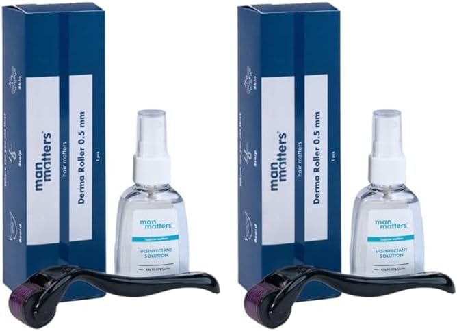 Man Matters Derma Roller With Disinfectant | 540 Micro 0.5mm Titanium Alloy Needles | Reduces Hair Fall & Stimulates Hair Follicles | Easy to use | Safe and Effective (Pack of 2)
