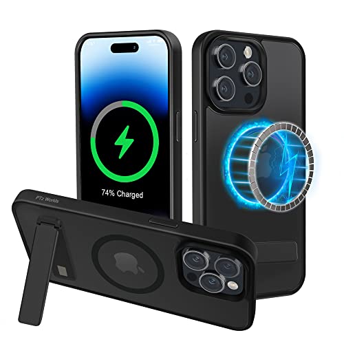 PTz Worlds for iPhone 14 Pro Case 6.1” - Strong Magnetic for iPhone 14 Pro Case with Stand, Black Kickstand Compatible with MagSafe, Military Grade Drop Protection, Ultra Thin, Shockproof, Slim