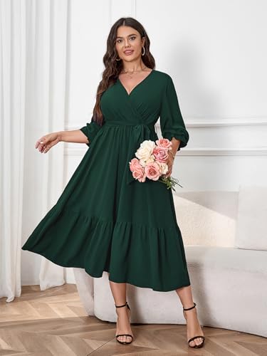 SCOMCHIC Womens Plus Size Wedding Guest Dresses Long Sleeve Wrap V Neck Belted Ruffle Hem A-Line Flowy Maxi Cocktail Dress - Image 7