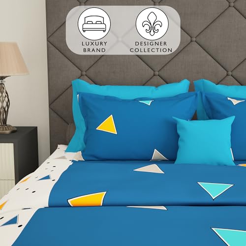 Image of Story@Home Bedsheets For Double Bed With 2 Pillow Covers Geometric,152TC,100% Cotton Double Bedsheet With Pillow Cover,225x250Cm,Blue & White,Triangles Pattern,Home Decor,Ideal For Festive Gifting