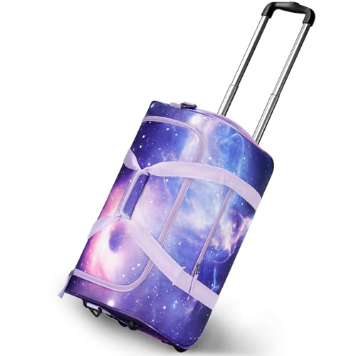 Choco Mocha Girls Suitcase with Wheels, Kids Rolling Duffle Bag Luggage for Travel 22inch, Galaxy Purple