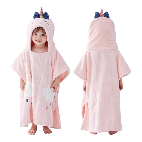 Image of usbettas Toddler Hooded Towel-Soft Coral Fleece Hooded Baby Towels-Super Absorbent Toddler Bath Towel for Newborn Kids (Poncho Towel-Unicorn, 23x23 Inch)