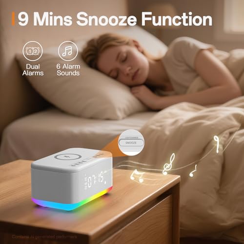 Wireless Charging Alarm Clock Bedroom, Digital Alarm Clocks Bedrooms Bluetooth, Loud Bluetooth Speaker Alarm Clock Night Light Dual Alarm Snooze 12/24H Dimmer Bluetooth AUX USB Charging, White by Fansbe Smart - Used condition - Image 3