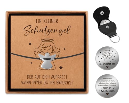 TUZELIYA Schutzengel Armband Glücksbringer Engel Armband mit Geschenkbox & Glücksmünze als Geschenk zu Taufe Erstkommunion Kommunion Konfirmation Geburtstag für Mädchen Junge Schwarz