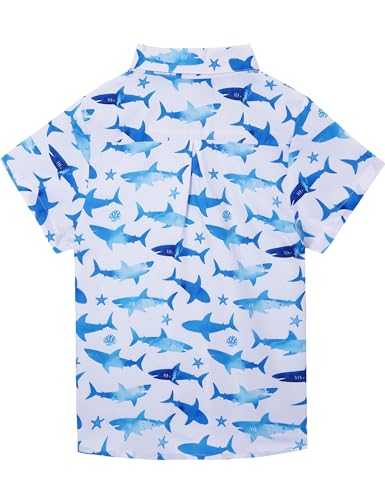 Image of Boys Hawaiian Shirt Kids Button Down Aloha Beach Hawaii Tops 5-14Y | Quick Dry, Breathable, Cooling & Lightweight, For Summer Vacation Holiday, Fourth of July, Youth, Teen, Shark, Dinosaur