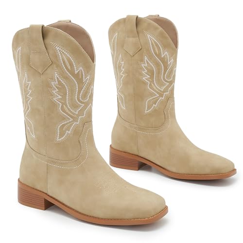 Image of Cowgirl Boots Square Toe Cowboy Boots For Women Ladies Mid Calf Low Heel Flat
