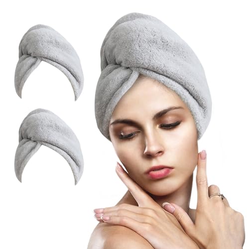 AGLIFEFY 2 Packs Microfiber Hair Towel Wrap for Women Super Absorbent Quick Dry Hair Turban for Drying Curly, Long & Thick Hair 10 inch X 26 inch Grey