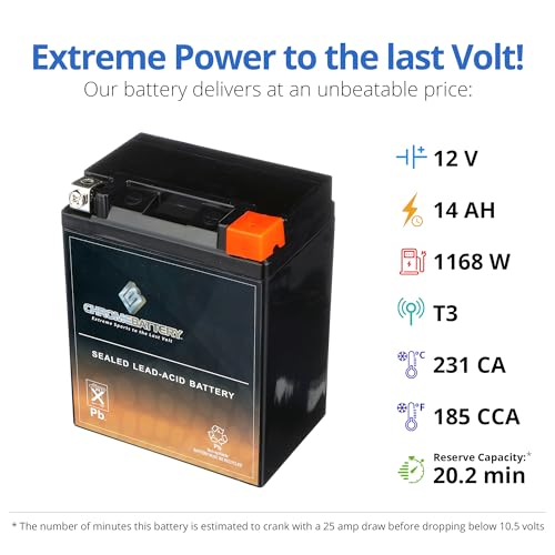 Image of CB CHROMEBATTERY YB14L-A2 12 V 190 CCA AGM - Maintenance-Free 14 Ah Battery for ATV, Motorcycle, Scooter, Snowmobile - T3 Nut & Bolt Terminal - Fits Polaris Sportsman 90, Kawasaki KLX110, Honda Spree