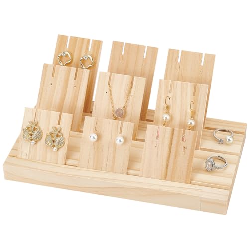 DELORIGIN Wooden Earring Display Stands Wood Tiered Earring Display With 9 Pcs Wood Portable Earring Ring Organizer Holder For Selling Earring Jewelry Organizer Displaying Photos Business Card.