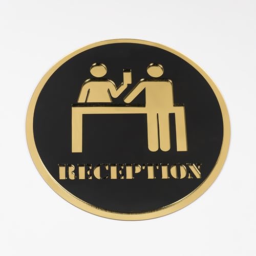 Image of Reception Round Acrylic Signage Sticker - Self-Adhesive Front Desk Sign for Office, Hotel, Clinic, Storefront & Business Spaces - Premium Black Gold Label for Glass & Smooth Surfaces