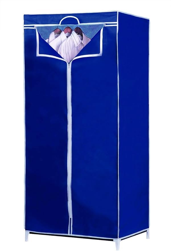 FERCASASHOP Armadio Guardaroba con Struttura in Metallo, Mobile Salvaspazio con Rivestimento in Tessuto TNT, Zip di Chiusura e Asta Appendiabiti da Campeggio, Dimensione 70 x 50 x 160 cm (Blue)