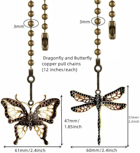 Image of Ceiling Fan Pull Chain Ornaments Extension,12 Inch Lighting And Fan Beaded Ball Fan Pull Chain Extender with Connector, Dragonfly and Butterfly Ceiling Fan Pull Chain Set-2Pcs