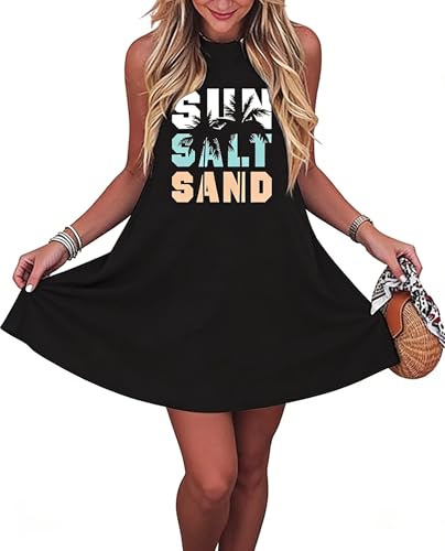 Image of Sun Salt Sand Coconut Tree Tank Mini Dress for Women Sleeveless Beach Praty Shirts Summer Vacation Short Mini Dresses