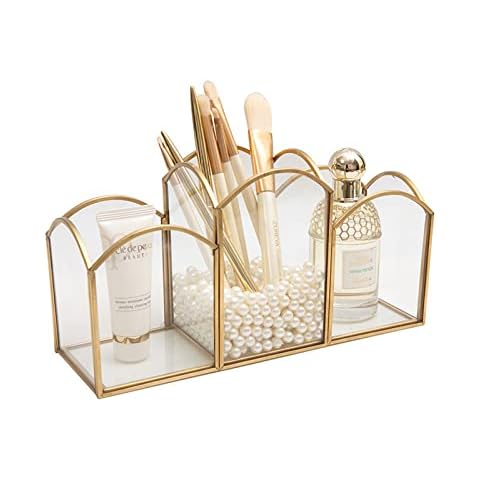 SLHEQING Makeup Brush Holder Organiser Gold Beauty Organiser with 3 Compartments, Cosmetic Brush Holder for Brushes, Eyeliner, Pen , Lipstick and More Cover