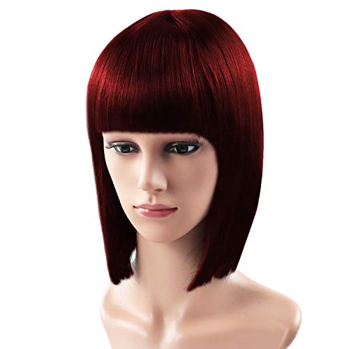 Frombet 11-12inch/28CM Short Bob Hair Black/Wine Red with Flat Bangs Women Girl Straight Cosplay Synthetic Wigs + Free Wig Cap (Wine Red)