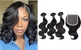 DreamPack Bundles with Closure Human Hair Body Wave Bundles Human Hair with 4x4 Lace Closure 100% Unprocessed Virgin Hair Extensions Natural Color (10' 10' 10' + 8' closure)