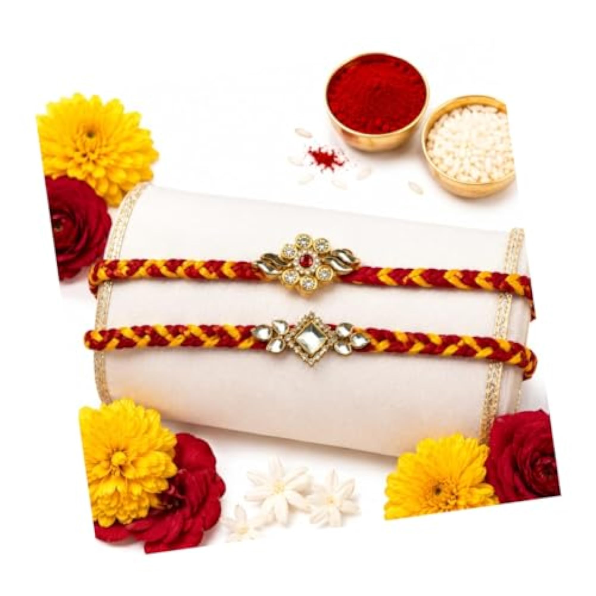 Premium Rakhi Set for Bhaiya, Kundan and Floral Stone Combo