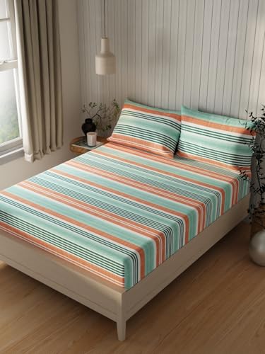 Image of KOPA Extra Smooth Cotton Double Bedsheet with 2 Pillow Covers -3pc Set (Lopez) | Extra Smooth Cotton | 1 Double Bedsheet with 2 King Size Pillow Covers Stripe-red /Green