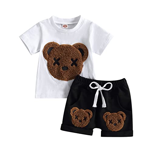 Carolilly 2 Pezzi Completo Neonato Carino Estate con Stampa Orso Top Manica Corta e Pantaloncini Tuta Bambino Estivo Casual (Nero, 2-3 Years)